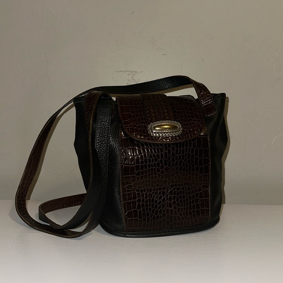 Brighton Handbags - Brighton Black Leather Bucket Purse Long Strap Charm Purse Brown Croc 1990’s